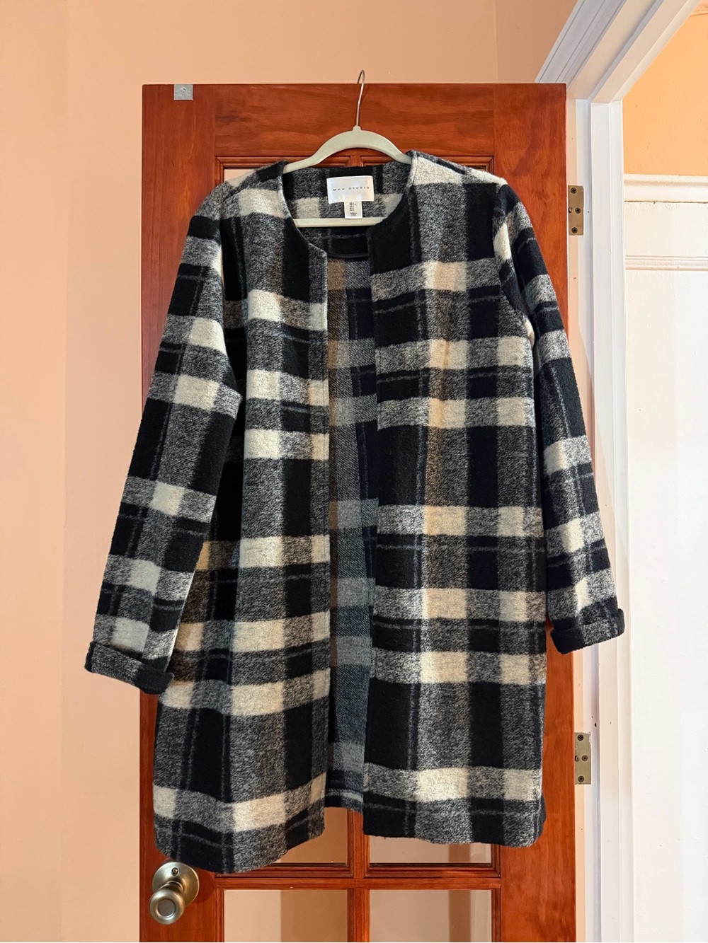 Max Studio Black and Gray Plaid Wool Coat